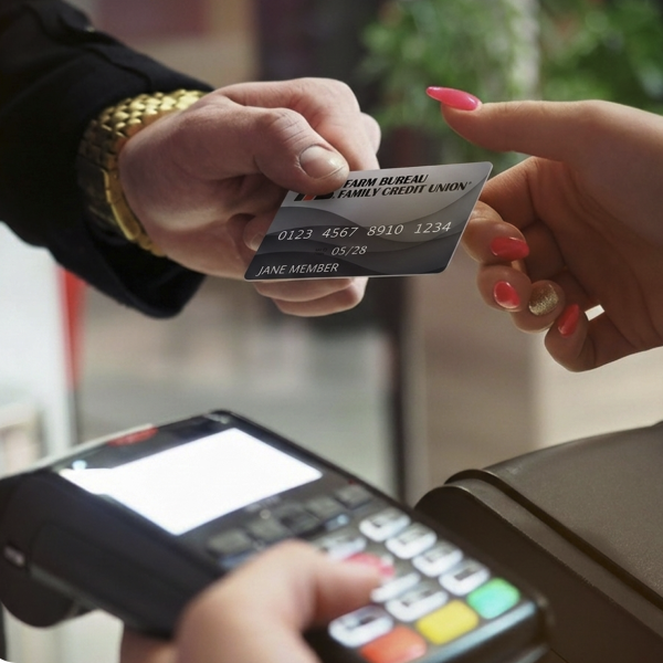 someone handing a Farm Bureau credit card to a cashier